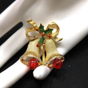 Christmas Bells Brooch, Green Red Enamel Holly, 1950s Vintage Jewelry